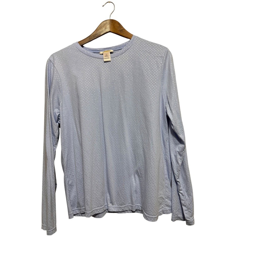 Talbots Top Women XL Blue Excellent Long Sleeve Cotton Silver Metallic Dot